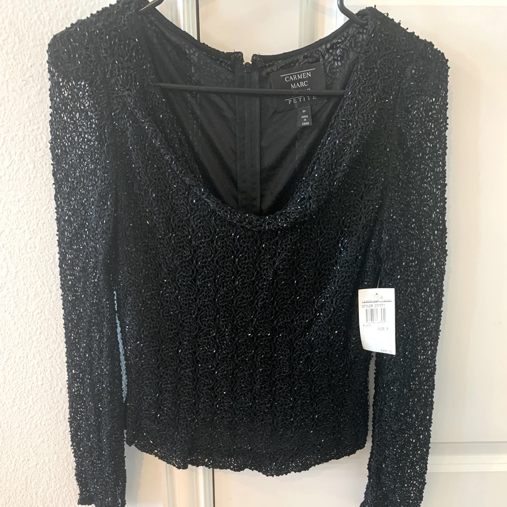 CARMEN MARC VALVO Black Beaded Long Sleeve Evening Blouse